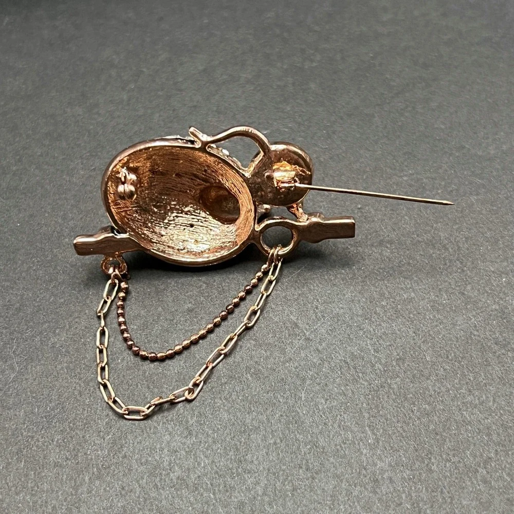 Rhinestone Mouse with Baby Brooch Rose Gold Clear Black Enamel Green Eyes Pin